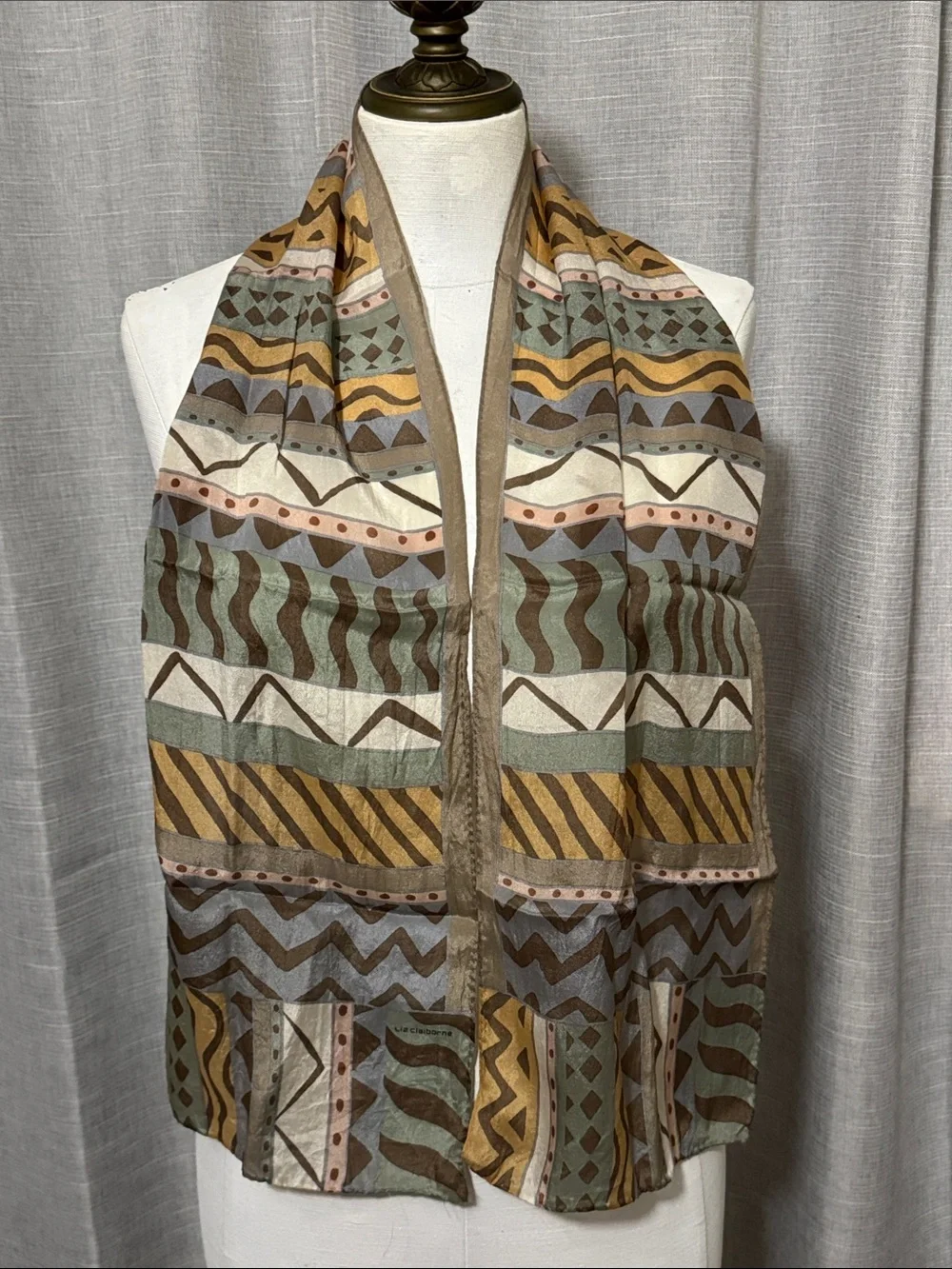 Vintage Liz Claiborne Silk Scarf-Taupe/Tan/Green-GUC